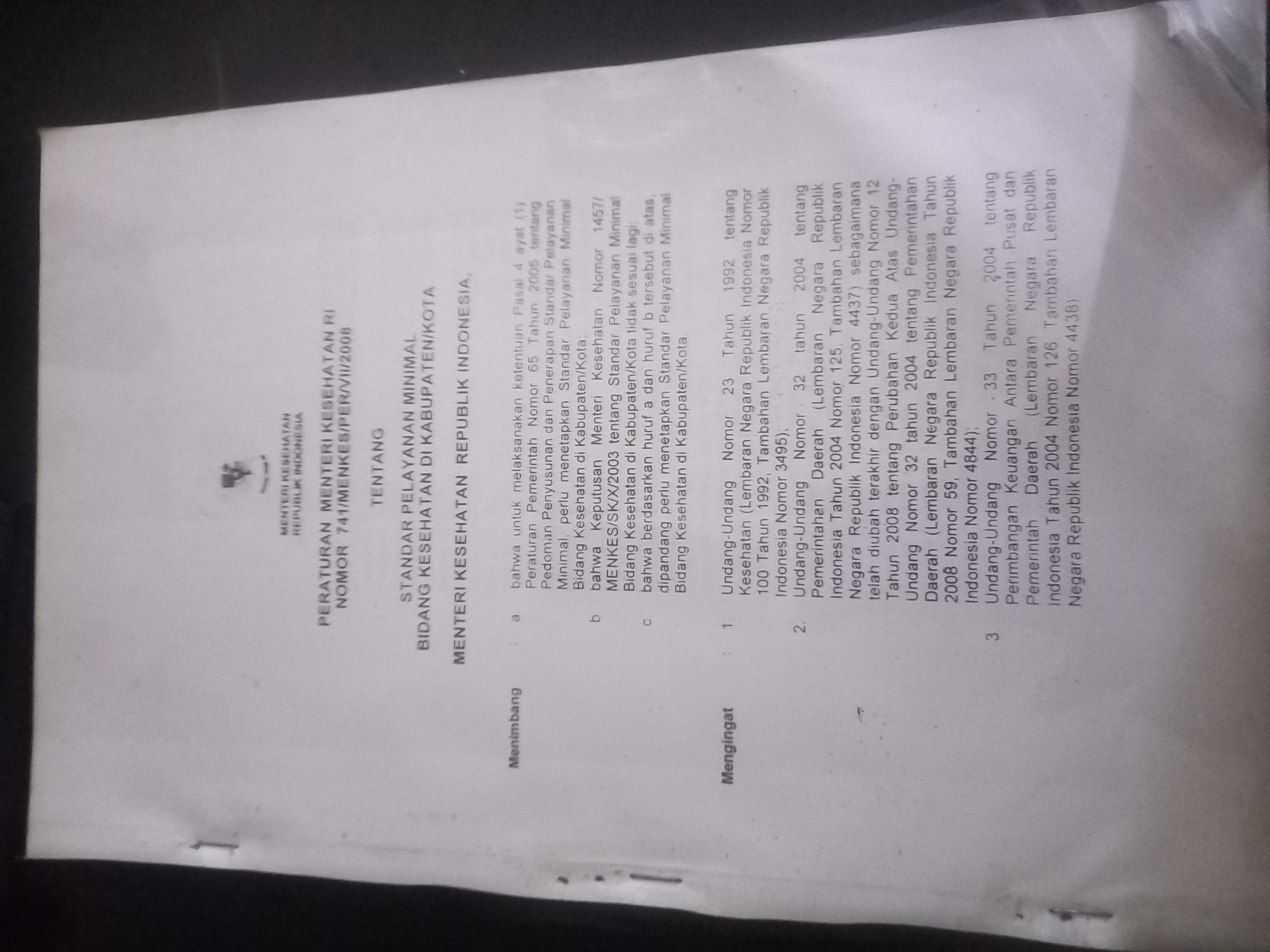 Cover Peraturan Menteri Kesehatan RI Nomr 741/Menkes/Perv/VII/2008 Tentang Standar Pelayanan Minimal Bidang Kesehatn Di Kabupaten/Kota