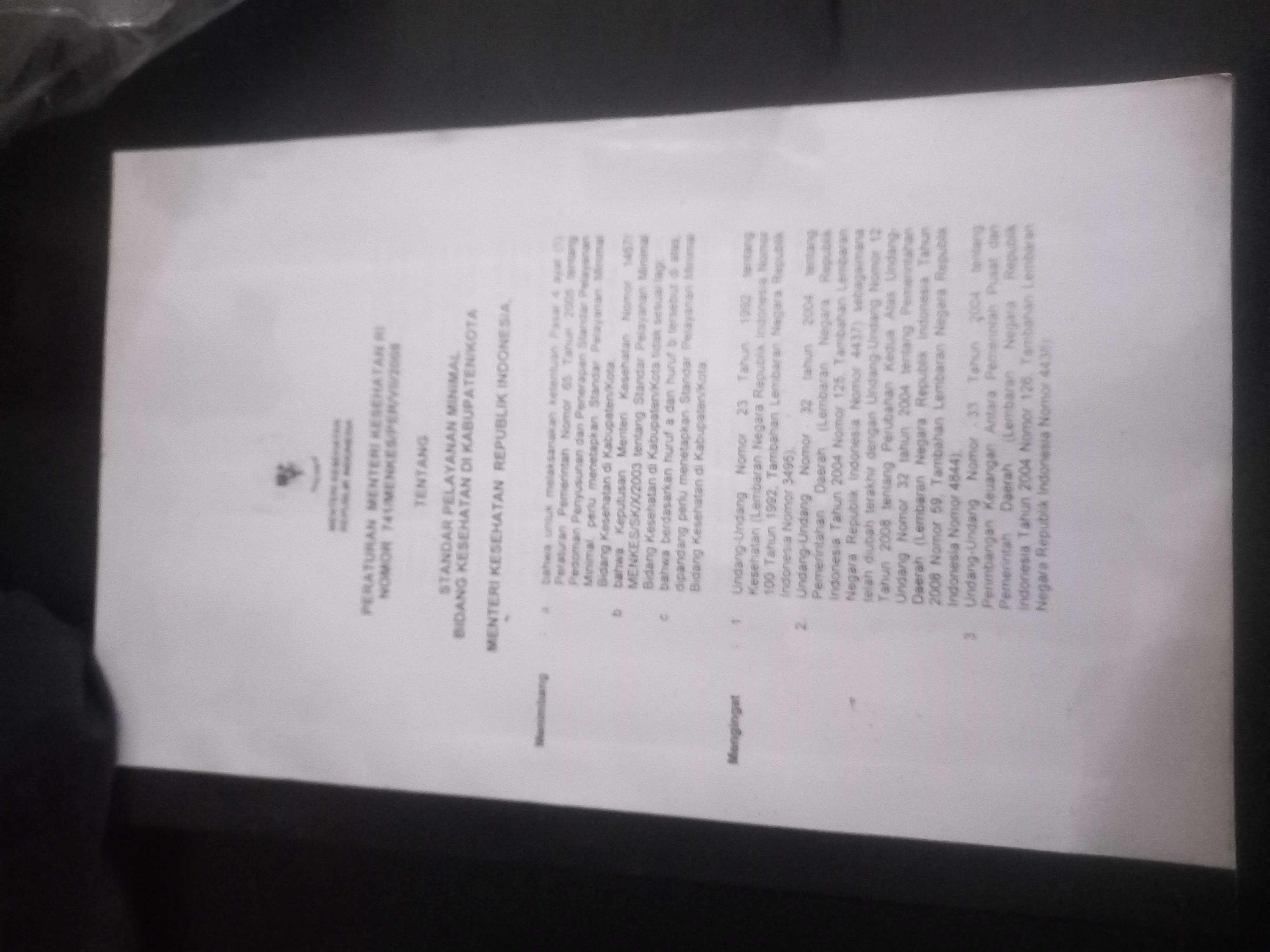Cover Peraturan Menteri Kesehatan RI Nomor 741/Menkes/Per/VII/2008 Tentang Standar Pelayanan Minimal Bidang Kesehatan Kota/Kabupaten