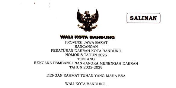 Cover Peraturan Daerah Kota Bandung Nomor 8 Tahun 2025 tentang Rencana Pembangunan Jangka Menengah Daerah Tahun 2025-2029
