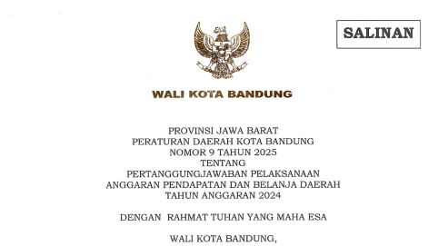 Cover Peraturan Daerah Kota Bandung Nomor 9 tentang Pertanggungjawaban Pelaksanaan Anggaran Pendapatan dan Belanja Daerah Tahun Anggaran 2024