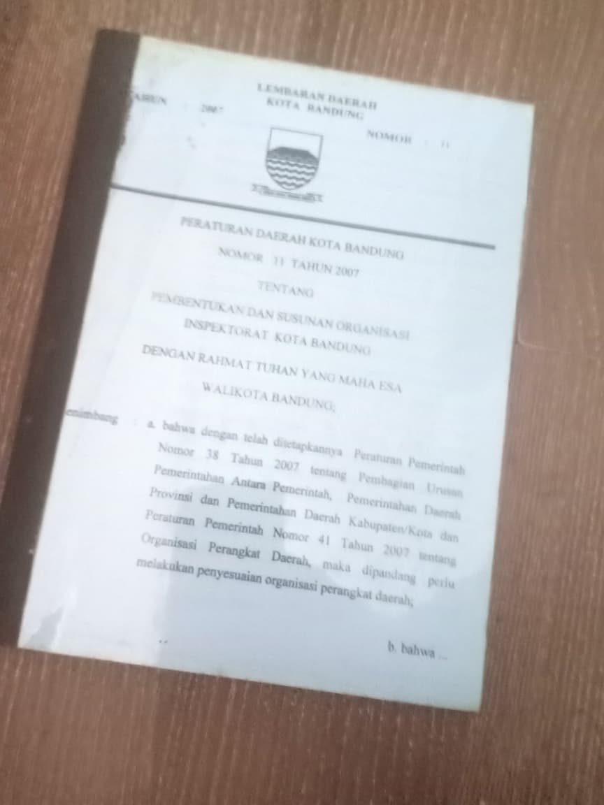 Cover Peraturan Daerah Kota Bandung Nomor 11 Tahun 2007 Tentang Pembentukan Dan Susunan Organisasi Inspektorat Kota Bandung