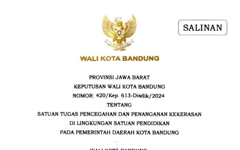 Cover Keputusan Wali Kota Bandung Nomor 420/Kep.613-Disdik/2024 tentang Satuan Tugas Pencegahan dan Penanganan Kekerasan Di Lingkungan Satuan Pendidikan Pada Pemerintahan Daerah Kota bandung