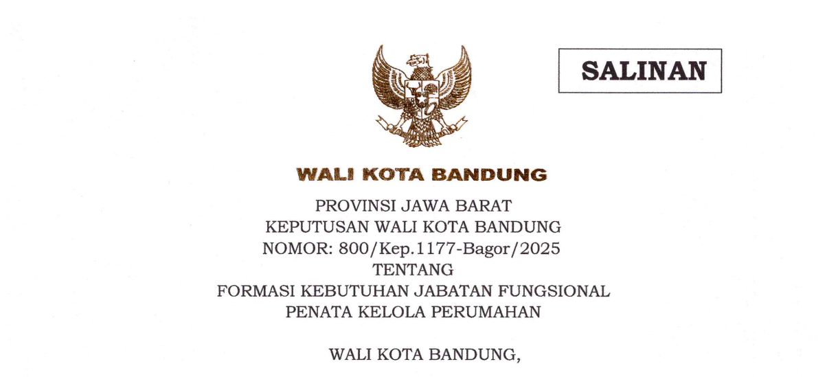 Cover Keputusan Wali Kota Bandung Nomor 800/Kep.1177-Bagor/2025 tentang Formasi Kebutuhan Jabatan Fungsional Penata Kelola Perumahan