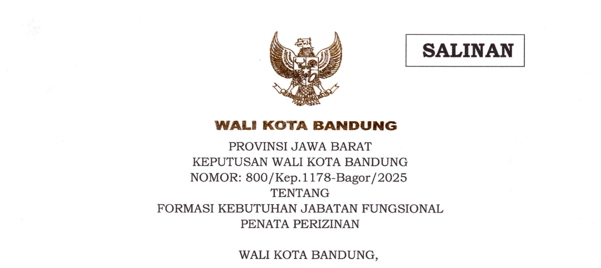 Cover Keputusan Wali Kota Bandung Nomor 800/Kep.1178-Bagor/2025 tentang Formasi Kebutuhan Jabatan Fungsional Penata Perizinan