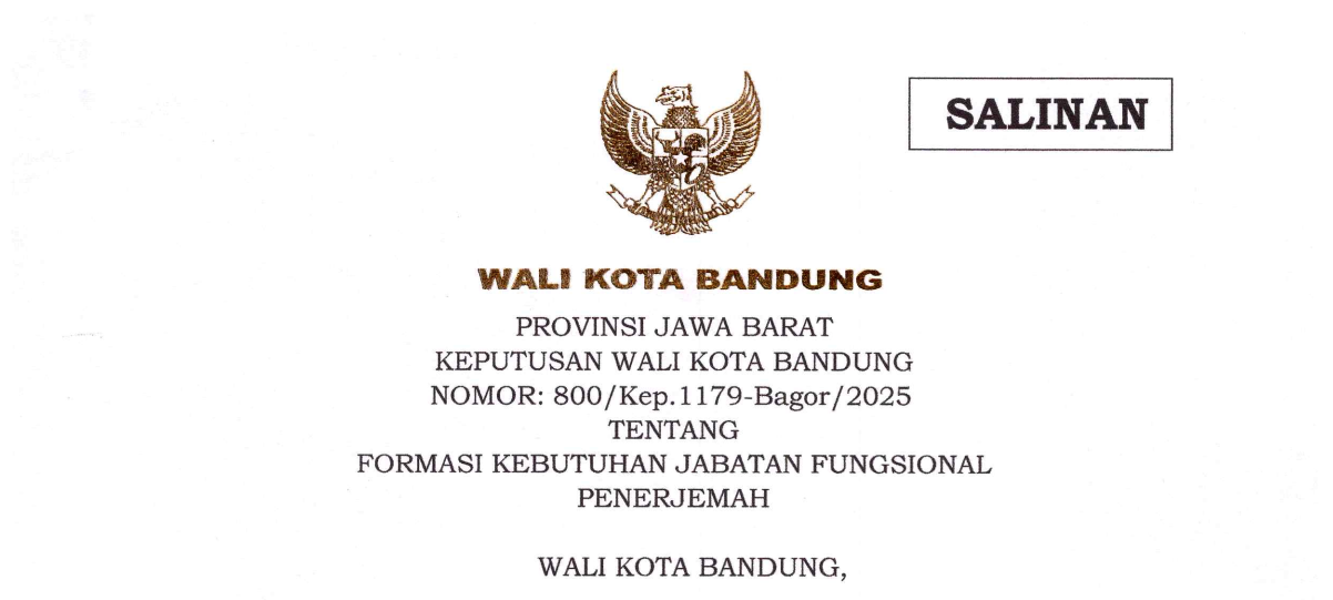Cover Keputusan Wali Kota Bandung Nomor 800/Kep.1179-Bagor/2025 tentang Formasi Kebutuhan Jabatan Fungsional Penerjemah