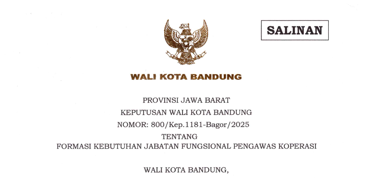 Cover Keputusan Wali Kota Bandung Nomor 800/Kep.1181-Bagor/2025 tentang Formasi Kebutuhan Jabatan Fungsional Pengawas Koperasi