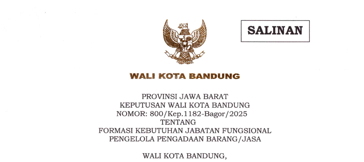 Cover Keputusan Wali Kota Bandung Nomor 800/Kep.1182-Bagor/2025 tentang Formasi Kebutuhan Jabatan Fungsional Pengelola Pengadaan Barang/Jasa