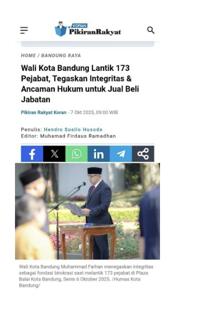 Cover Walikota Bandung Lantik 173 Pejabat, Tegaskan Integritas & Ancaman Hukum untuk Jual Beli Jabatan