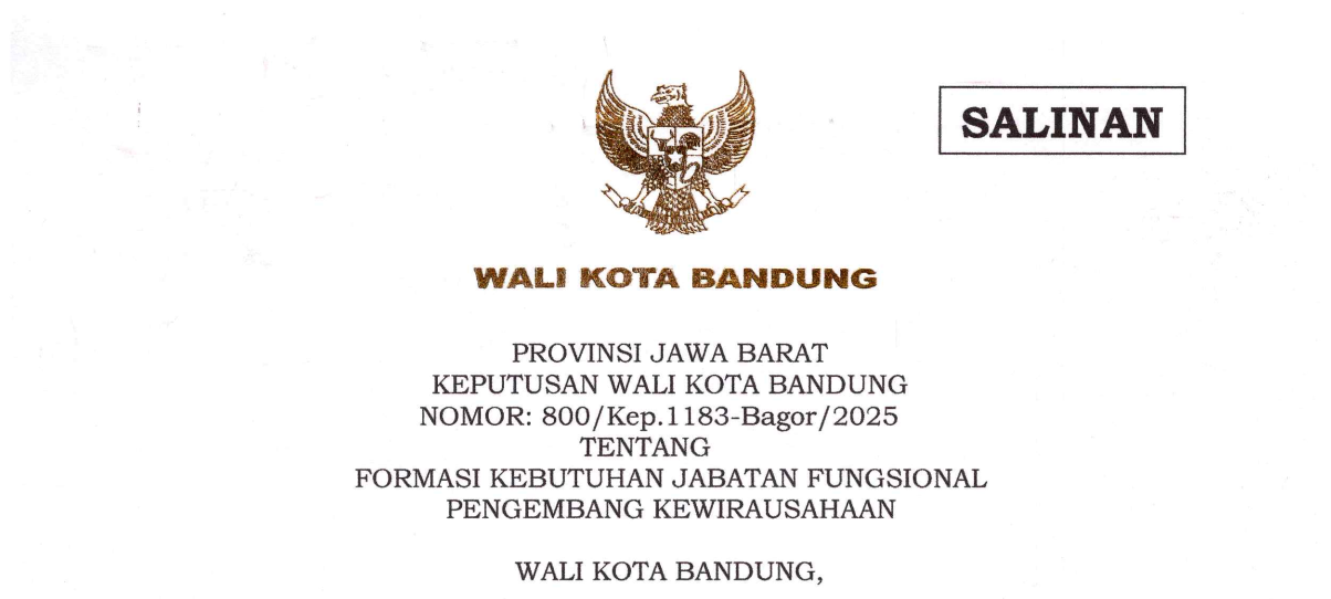 Cover Keputusan Wali Kota Bandung Nomor 800/Kep.1183-Bagor/2025 tentang Formasi Kebutuhan Jabatan Fungsional Pengembang Kewirusahaan