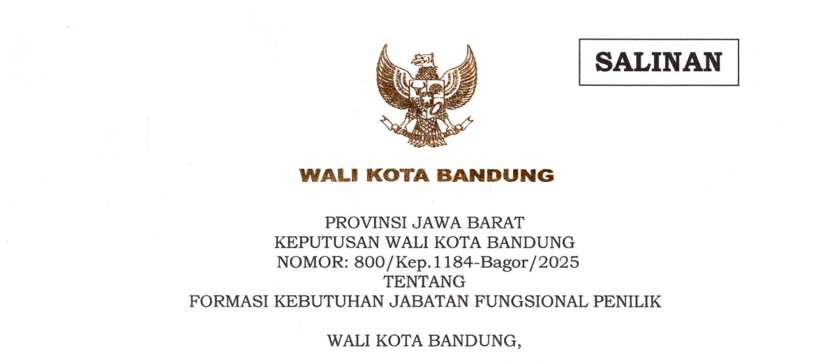 Cover Keputusan Wali Kota Bandung Nomor 800/Kep.1184-Bagor/2025 tentang Formasi Kebutuhan Jabatan Fungsional Penilik