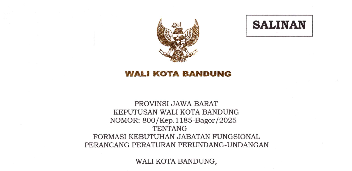 Cover Keputusan Wali Kota Bandung Nomor 800/Kep.1185-Bagor/2025 tentang Formasi Kebutuhan Jabatan Fungsional Perancang Peraturan Perundang-undangan