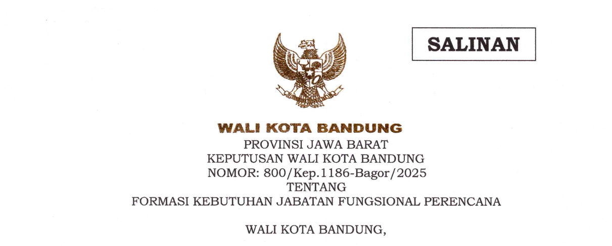 Cover Keputusan Wali Kota Bandung Nomor 800/Kep.1186-Bagor/2025 tentang Formasi Kebutuhan Jabatan Fungsional Perencana