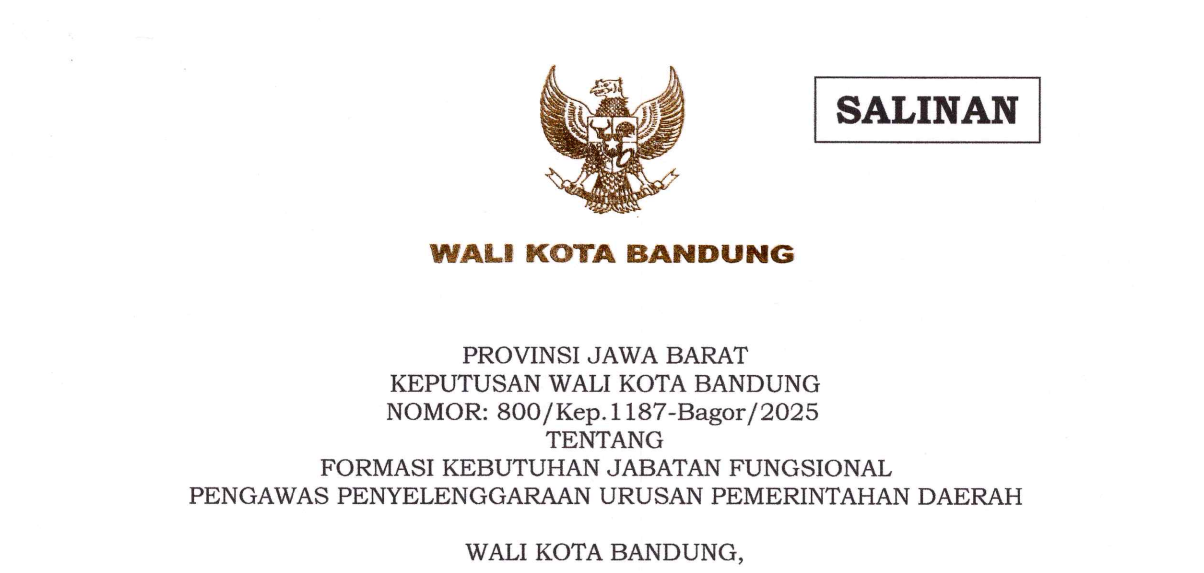 Cover Keputusan Wali Kota Bandung Nomor 800/Kep.1187-Bagor/2025 tentang Formasi Kebutuhan Jabatan Fungsional Pengawas Penyelenggaraan Urusan Pemerintahan Daerah