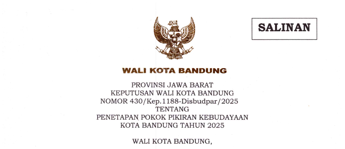 Cover Keputusan Wali Kota Bandung Nomor 430/Kep.1188-Disbudpar/20265 tentang Penetapan Pokok Pikiran Kebudayaan Kota Bandung Tahun 2025