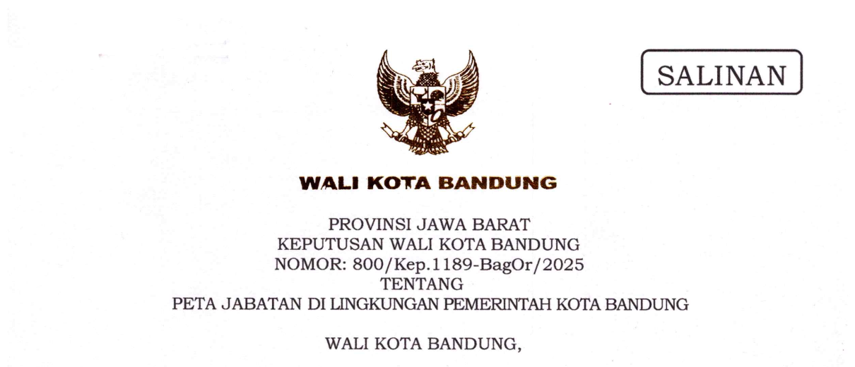 Cover Keputusan Wali Kota Bandung Nomor 800/Kep.1189-Bagor/2025 tentang Peta Jabatan Di Lingkungan Pemerintah Kota Bandung