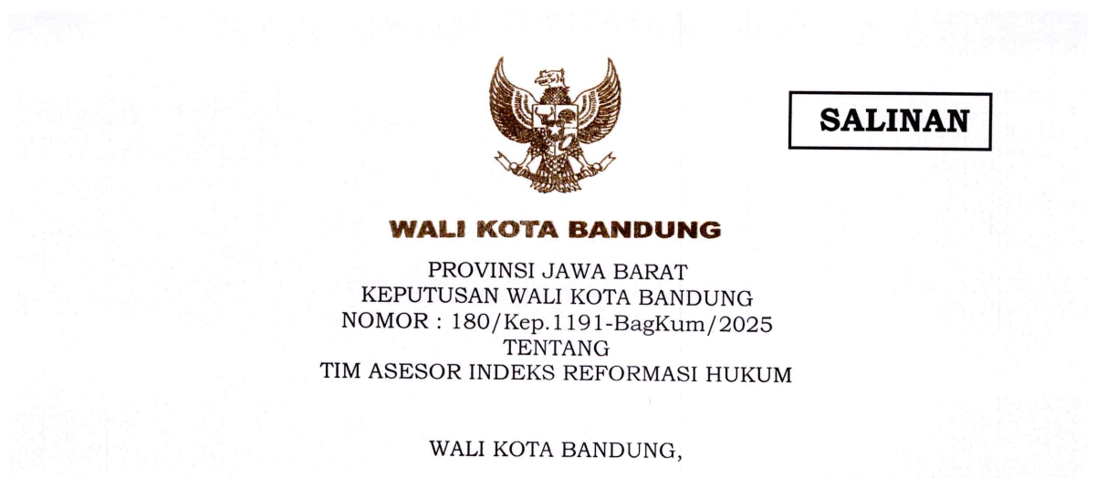 Cover Keputusan Wali Kota Bandung Nomor 180/Kep.1191-BagKum/2025 tentang Tim Asesor Indeks Reformasi Hukum