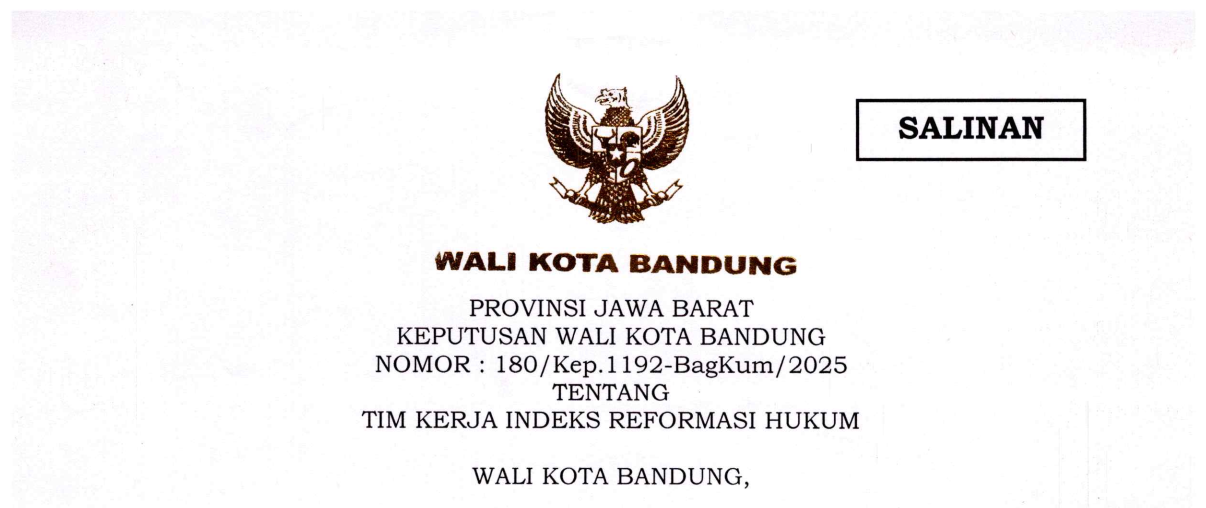 Cover Keputusan Wali Kota Bandung Nomor 180/Kep.1192-BagKum/2025 tentang Tim Kerja Indeks Reformasi Hukum