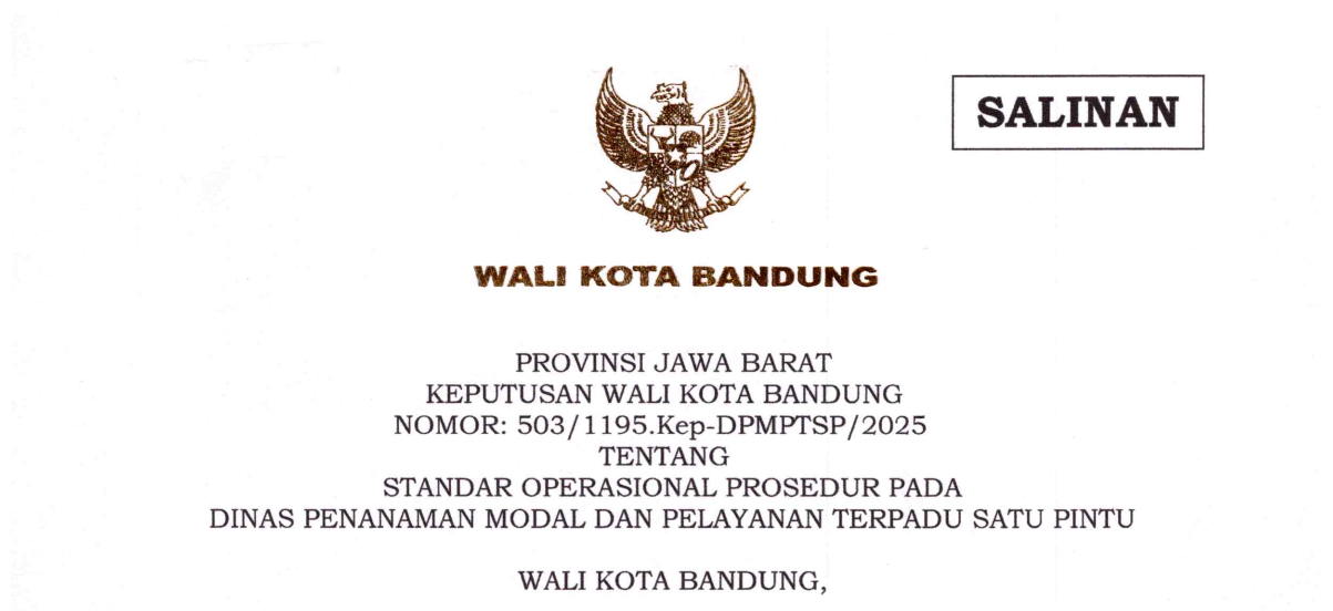 Cover Keputusan Wali Kota Bandung Nomor 503/1195.Kep-DPMPTSP/2025 tentang Standar Operasional Prosedur Pada Dinas Penanaman Modal dan Pelayanan Terpadu Satu Pintu