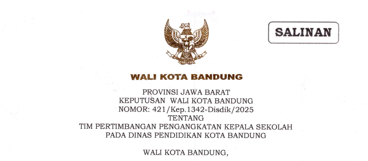 Cover Keputusan Wali Kota Bandung Nomor 421/Kep.1342-Disdik/2025 tentang Tim Pertimbangan Pengangkatan Kepala Sekolah Pada Dinas Pendidikan Kota Bandung