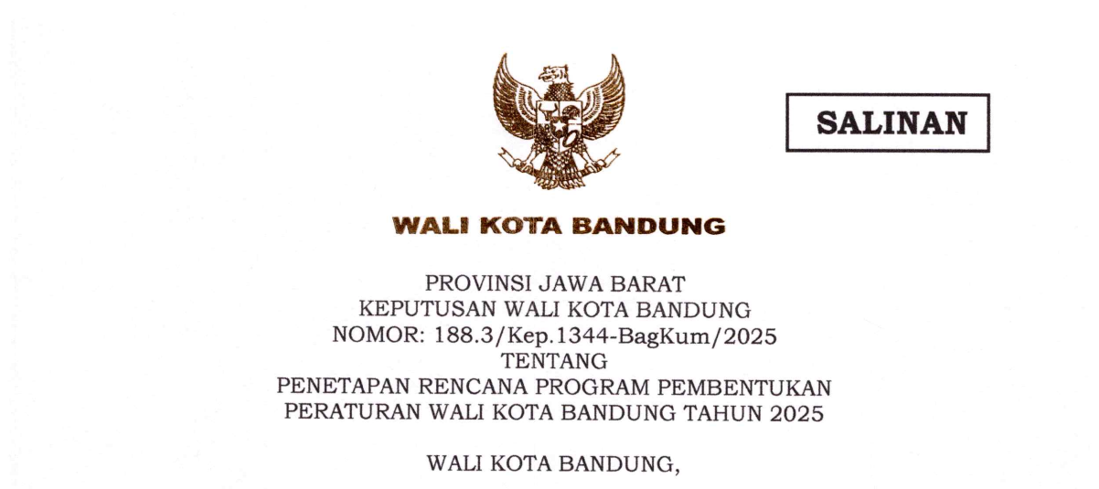 Cover Keputusan Wali Kota Bandung Nomor 188.3/Kep.1344-BagKum/2025 tentang Penetapan Rencana Program Pembentukan Peraturan Wali Kota Bandung Tahun 2025