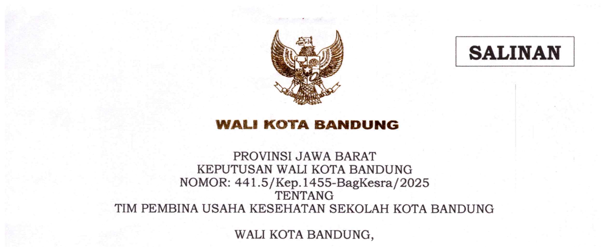 Cover Keputusan Wali Kota Bandung Nomor 441.5/Kep.1455-BagKesra/2025 tentang Tim Pembina Usaha Kesehatan Sekolah Kota Bandung