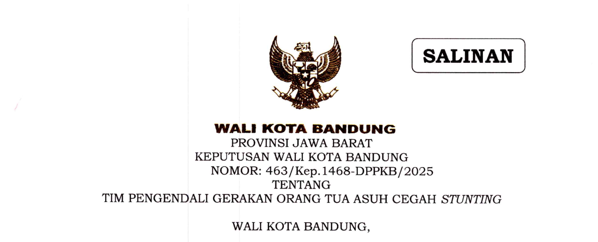 Cover Keputusan Wali Kota Bandung Nomor 463/Kep.1468-DPPKB/2025 tentang Tim Pengendali Gerakan Orang Tua Asuh Cegah Stunting