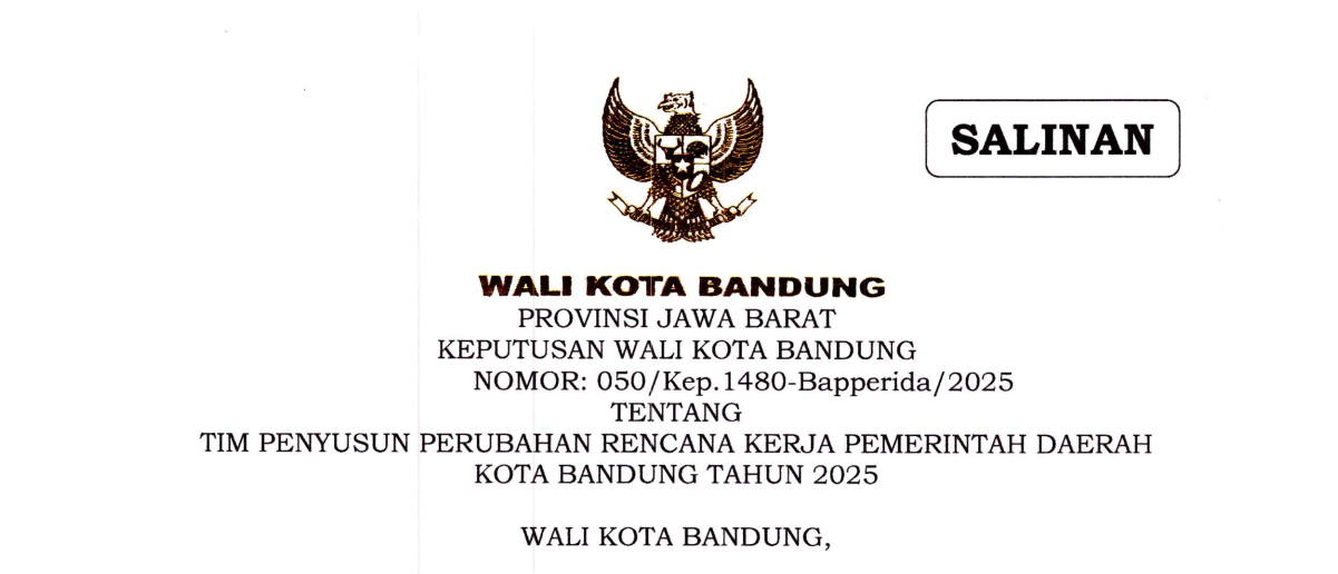 Cover Keputusan Wali Kota Bandung Nomor 050/Kep.1480-Bapperida/2025 tentang Tim Penyusun Perubahan Rencana Kerja Pemerintah Daerah Kota Bandung Tahun 2025