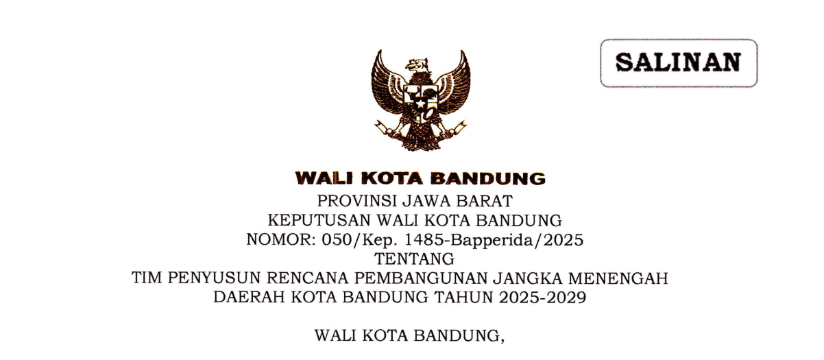 Cover Keputusan Wali Kota Bandung Nomor 050/Kep.1485-Bapperida/2025 tentang Tim Penyusun Rencana Pembangunan Jangka Menengah Daerah Kota Bandung Tahun 2025-2029
