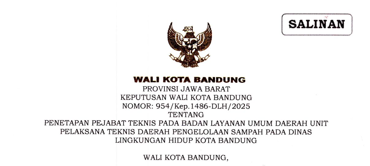 Cover Keputusan Wali Kota Bandung Nomor 954/Kep.1486-DLH/2025 tentang Penetapan Pejabat Teknis Pada Badan Layanan Umum Daerah Unit Pelaksana Teknis Daerah Pengelolaan Sampah Pada Dinas Lingkungan Hidup Kota Bandung