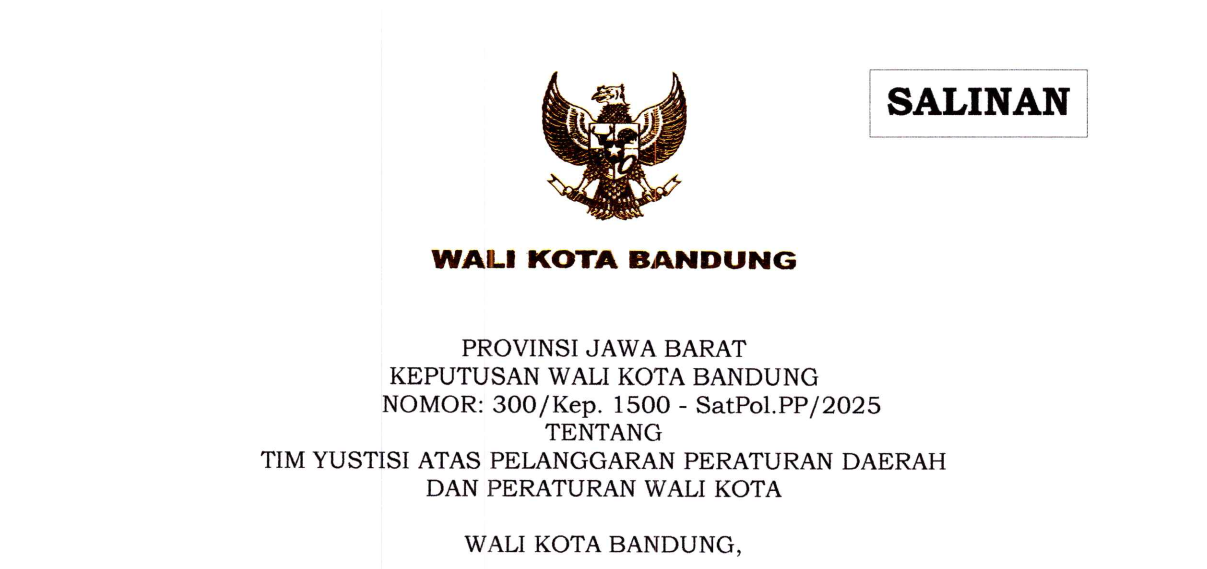 Cover Keputusan Wali Kota Bandung Nomor 300/Kep.1500-SatPol.PP/2025 tentang Tim Yustisi Atas Pelanggaran Peraturan Daerah dan Peraturan Wali Kota