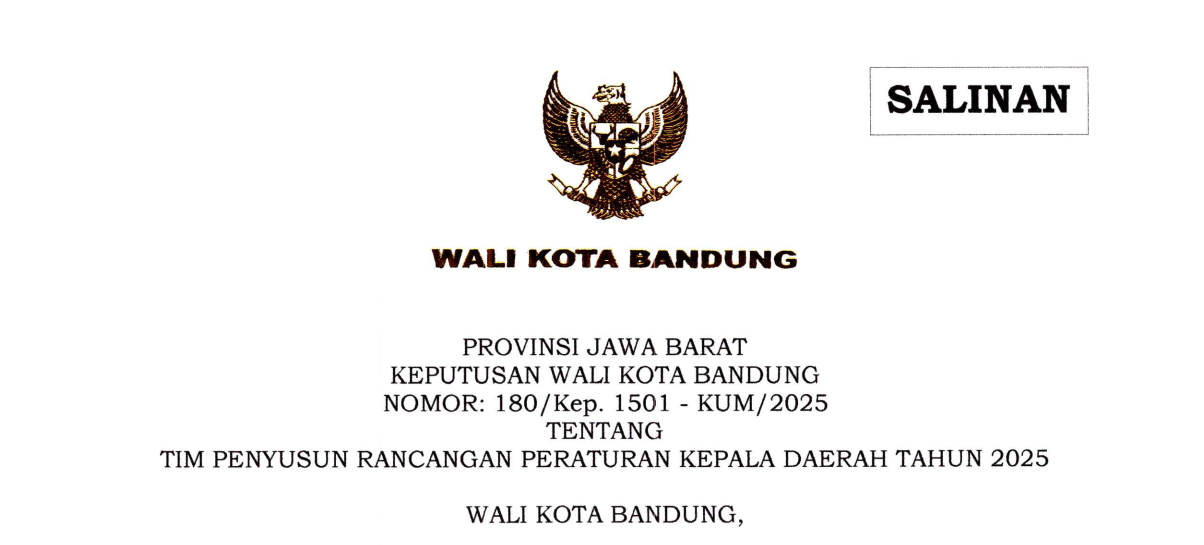 Cover Keputusan Wali Kota Bandung Nomor 180/Kep.1501-KUM/2025 tentang Tim Penyusun Rancangan Peraturan Daerah Tahun 2025
