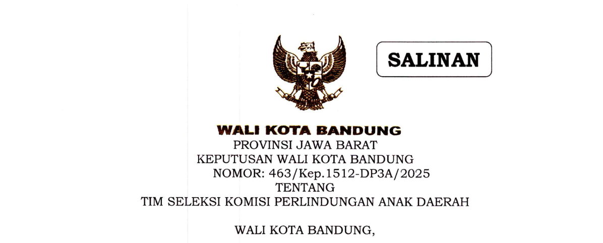 Cover Keputusan Wali Kota Bandung Nomor 463/Kep.1512-DP3A/2025 tentang Tim Seleksi Komisi Perlindungan Anak Daerah