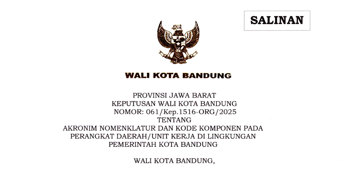 Cover Keputusan Wali Kota Bandung Nomor 061/Kep.1516-ORG/2025 tentang Akronim Nomenklatur dan Kode Komponen Pada Perangkat Daerah/Unit Kerja Di Lingkungan Pemerintah Kota Bandung