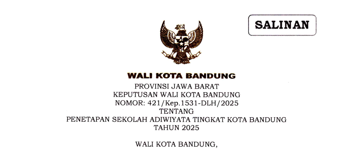 Cover Keputusan Wali Kota Bandung Nomor 421/Kep.1531-DLH/2025 tentang Penetapan Sekolah Adiwiyata Tingkat Kota Bandung Tahun 2025