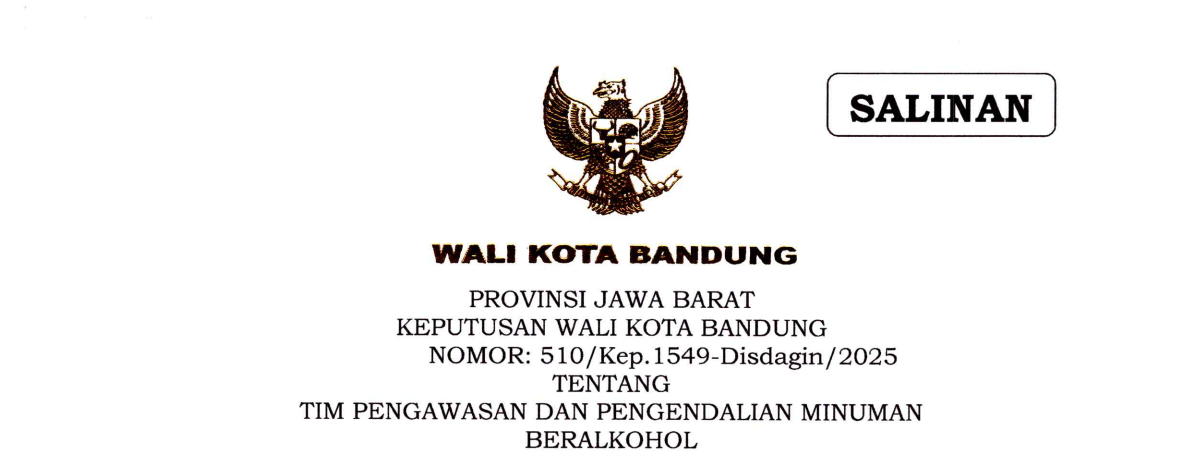 Cover Keputusan Wali Kota Bandung Nomor 510/Kep.1549-Disdagin/2025 tentang Tim Pengawasan dan Pengendalian Minuman Beralkohol