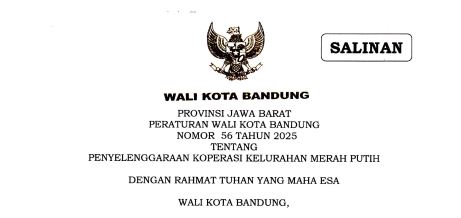 Cover Peraturan Wali Kota Bandung Nomor 56 Tahun 2025 tentang Penyelenggaraan Koperasi Kelurahan Meah Putih