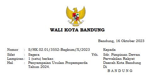 Cover Surat Wali Kota Bandung Nomor S/HK.02.01/3552-Bagkum/X/2023 tentang Penyampaian Usulan Propemperda Tahun 2024