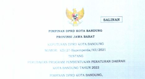 Cover Keputusan DPRD Kota Bandung Nomor KD/27-Bapemperda/XII/2021 tentang Perubahan program Pembentukan Peraturan Daerah Kota Bandung Tahun 2022