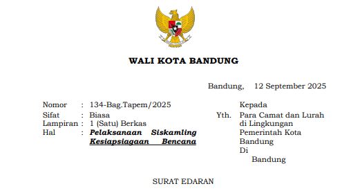 Cover Surat Edaran Wali Kota Bandung Nomor 134-Bag.Tapem/2025  tentang Pelaksanaan Siskamling Kesiapsiagaan Bencana