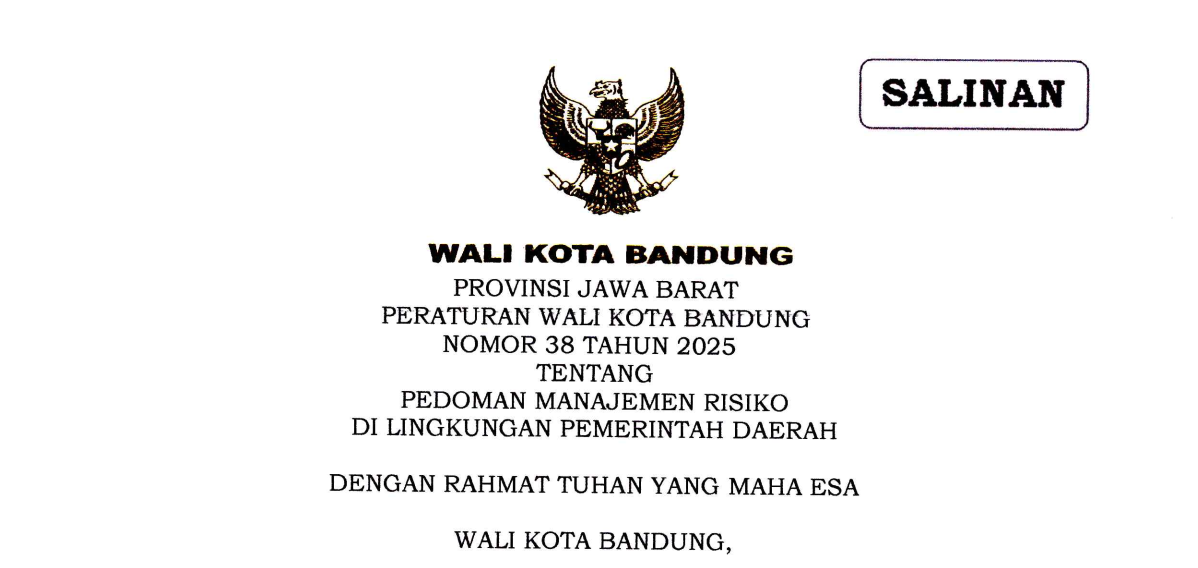 Cover Peraturan Wali Kota Bandung Nomor 38 Tahun 2025 tentang Pedoman Manajemen Risiko Di Lingkungan Pemerintah Daerah