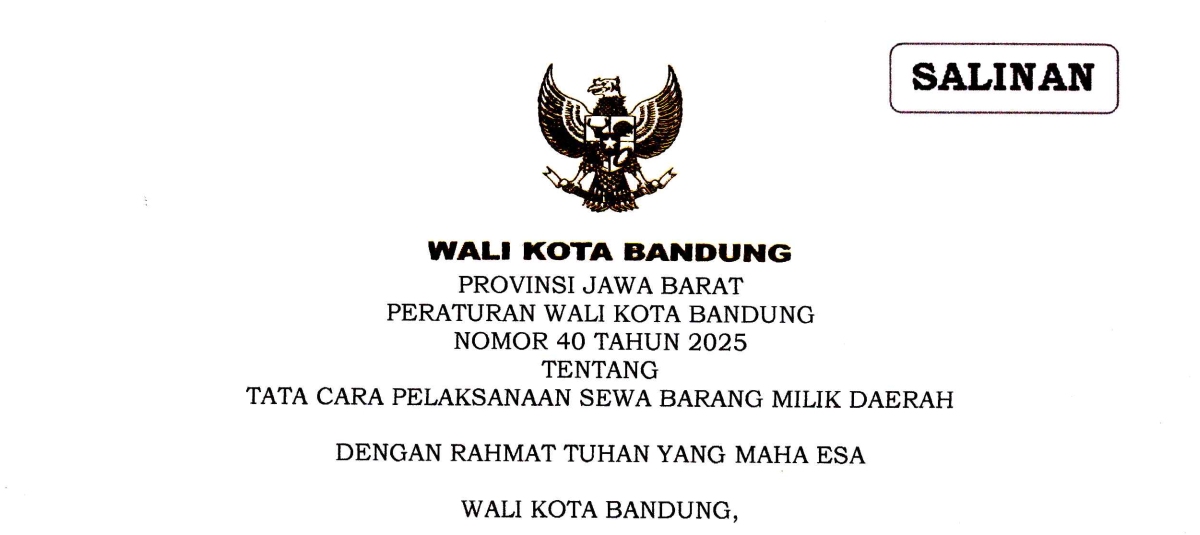 Cover Peraturan Wali Kota Bandung Nomor 40 Tahun 2025 tentang Tata Cara Pelaksanaan Sewa Barang Milik Daerah