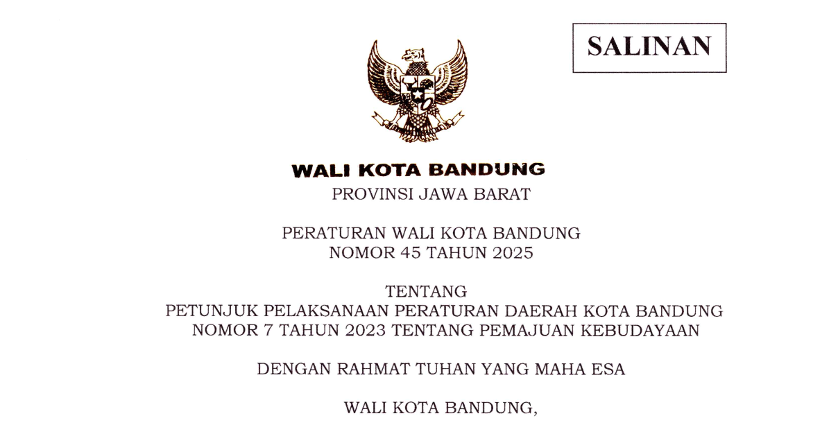 Cover Peraturan Wali Kota Bandung Nomor 45 Tahun 2025 tentang Petunjuk Pelaksanaan Peraturan Daerah Kota Bandung Nomor 7 Tahun 2023 tentang Pemajuan Kebudayaan