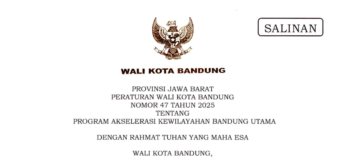 Cover Peraturan Wali Kota Bandung Nomor 47 Tahun 2025 tentang Program Akselerasi Kewilayahan Bandung Utama