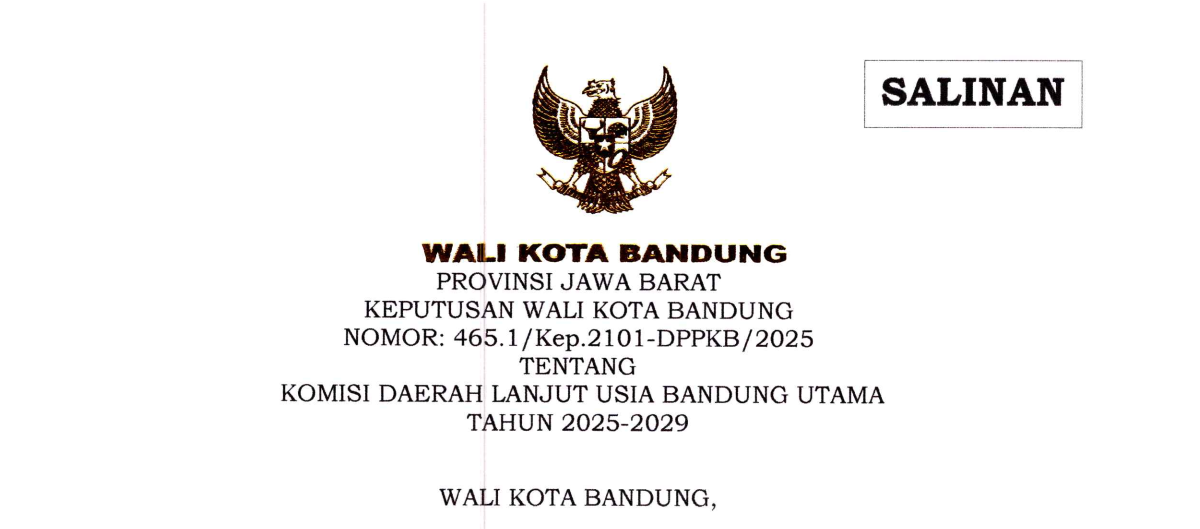 Cover Keputusan Wali Kota Bandung Nomor 465.1/Kep.2101-DPPKB/2025 tentang Komisi Daerah Lanjut Usia Bandung Utama Tahun 2025-2029