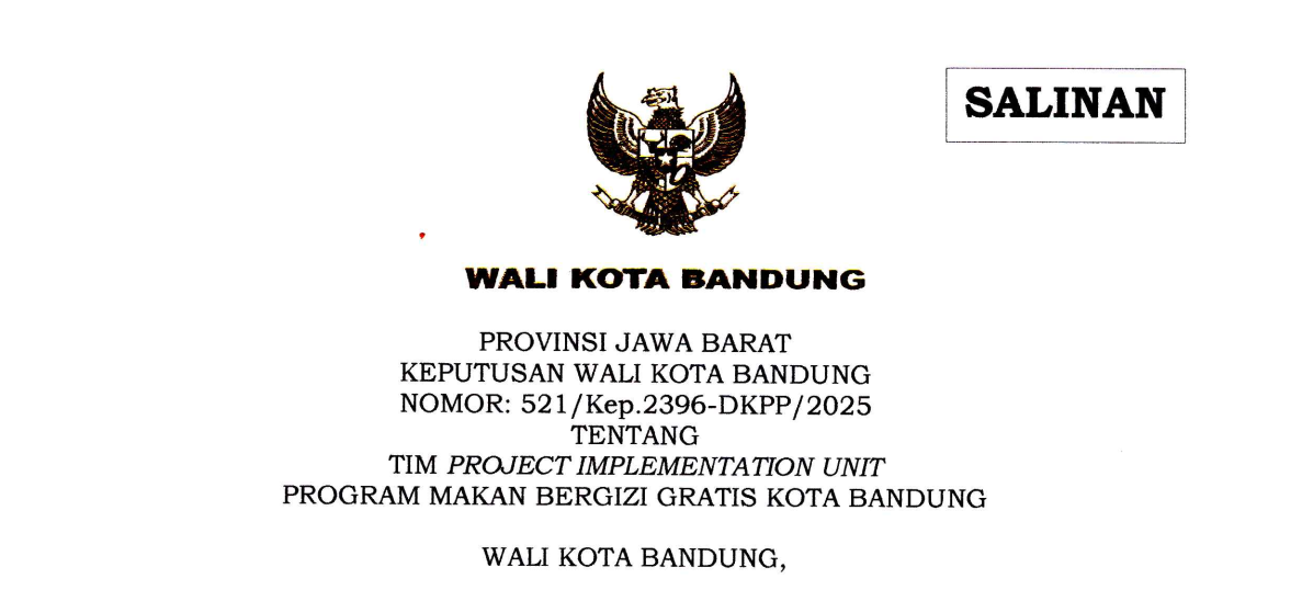 Cover Keputusan Wali Kota Bandung Nomor 521/Kep.2396-DKPP/2025 tentang Tim Project Implementation Unit Program Makan Bergizi Gratis Kota Bandung