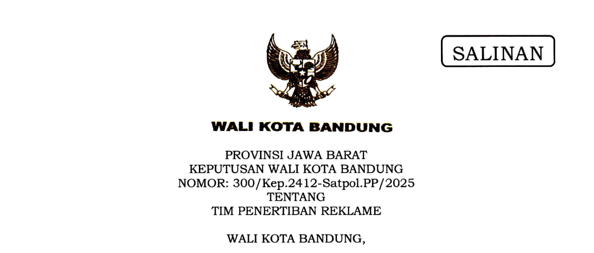 Cover Keputusan Wali Kota Bandung Nomor 300/Kep.2412-Satpol.PP/2025 tentang Tim Penertiban Reklame