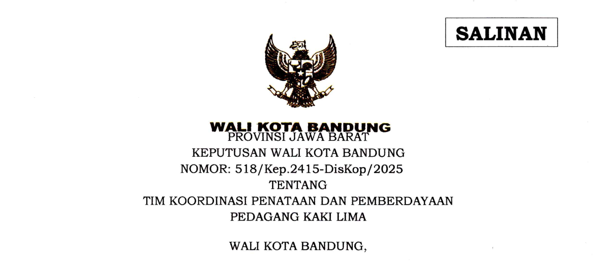 Cover Keputusan Wali Kota Bandung Nomor 518/Kep.2415-DisKop/2025 tentang Tim Koordinasi Penataan dan Pemberdayaan Pedagang Kaki Lima