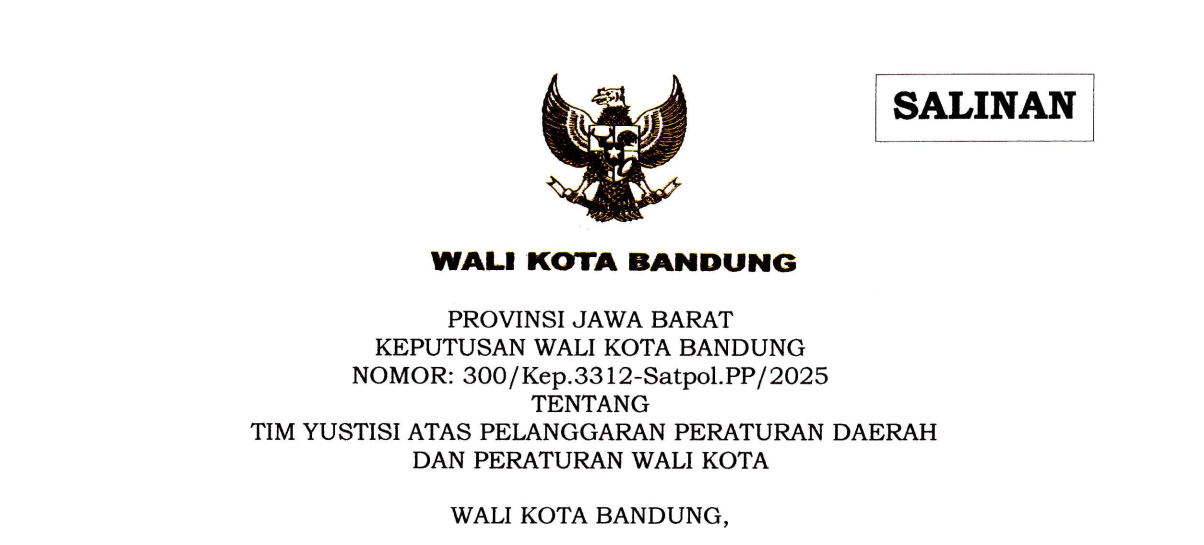 Cover Keputusan Wali Kota Bandung Nomor 300/Kep.3312-Satpol.PP/2025 tentang Tim Yustisi Atas Pelanggaran Peraturan Daerah dan Peraturan Wali Kota