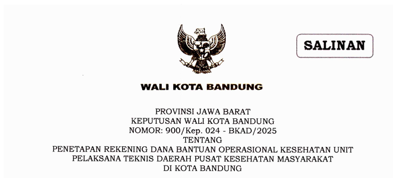 Cover Keputusan Wali Kota Bandung Nomor 900/Kep.024-BKAD/2025 tentang Penetapan Rekening Dana Bantuan Operasional Kesehatan Unit Pelaksana Teknis Daerah Pusat Kesehatan Masyarakat di Kota Bandung