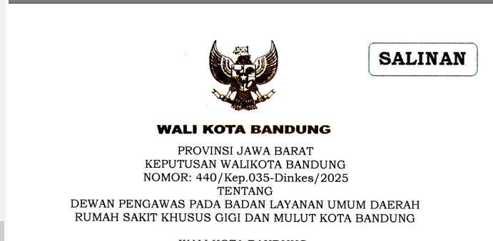 Cover Keputusan Wali Kota Bandung Nomor 440/Kep.035-Dinkes/2025 tentang Dewan Pengawas Pada Badan Layanan Umum Daerah Rumah Sakit Khusus Gigi dan Mulut Kota Bandung